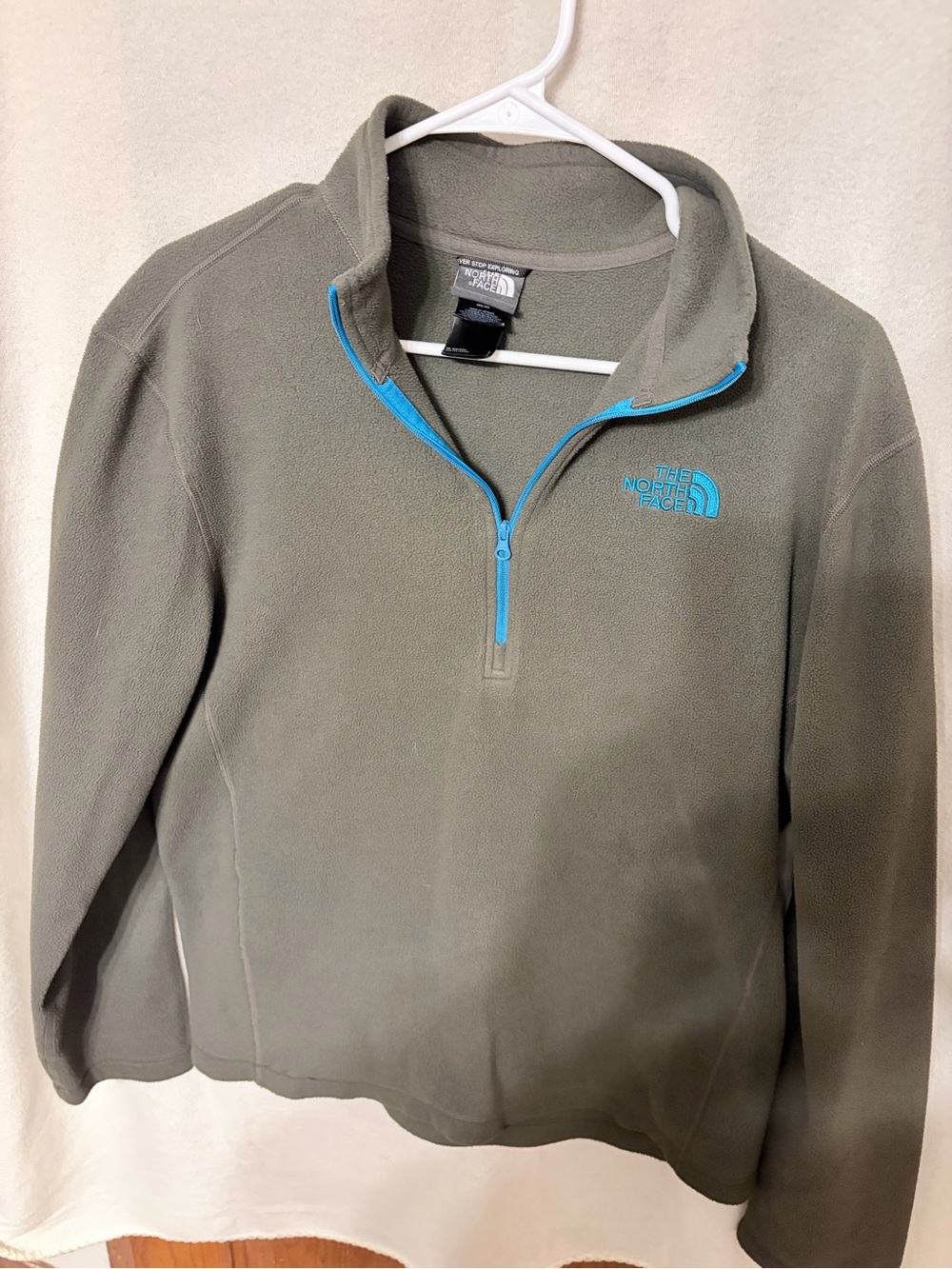 The North Face Olive Green Fleece Jacket with Bright Blue Zipper
